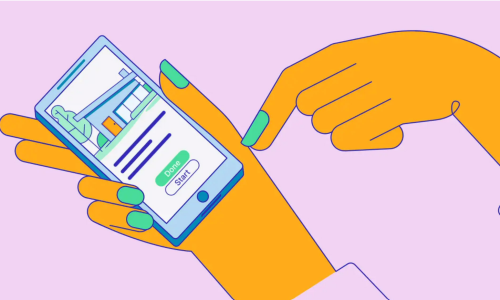 Illustrated hands using a smartphone with a property app interface, showing a house image and "Start" and "Done" buttons on the screen.